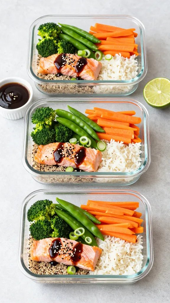 Meal-prep lineup on a light concrete surface: three rectangular glass containers filled with balanced sesame ginger salmon bowls. Each has a base of quinoa on one side and jasmine rice on another for variety, topped with evenly portioned salmon pieces, snap peas, broccoli, and carrot ribbons. Small dollop lines of dark, glossy sauce on top, sprinkled with black and white sesame seeds and scallion rounds. A tiny ramekin of extra sauce and a halved lime off to the side. Clean, bright overhead lighting for a fresh, organized feel.