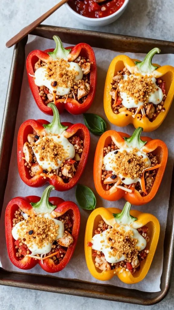 Overhead shot of a rustic baking tray lined with parchment, holding six halved bell peppers (red, yellow, and orange) stuffed with seasoned ground chicken, spooned with bright garlicky tomato sauce, topped with a light layer of melted mozzarella and a golden, crunchy breadcrumb-parmesan sprinkle. A few strands of cheese are slightly browned and bubbly. Fresh basil leaves are scattered on top, with a small bowl of extra marinara and a wooden spoon on the side. Natural daylight from the left, warm, cozy kitchen vibe, no text.
