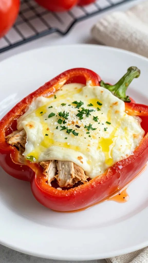 Close-up, three-quarter angle of a single stuffed pepper on a white ceramic plate: juicy ground chicken filling visible under stretchy melted mozzarella, flecks of parsley and micro-grated parmesan on top, a faint crisp on the edges. A drizzle of olive oil glistens on the cheese, with a small smear of tomato sauce on the plate edge. Background shows a blurred cooling rack with more peppers and a beige linen napkin. Soft, appetizing lighting, high detail, no text.