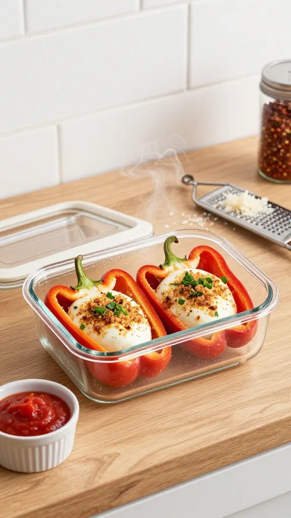 Meal-prep scene on a wooden countertop: a glass container with two stuffed pepper halves nestled side by side, steam-condensation just starting on the lid set nearby. The peppers have a browned mozzarella cap with breadcrumb crunch, sprinkled with chopped basil. A small ramekin of extra no-sugar tomato sauce, a microplane with fresh parmesan shavings, and a jar of red pepper flakes sit around. Clean, bright daylight, modern minimal style, no text.