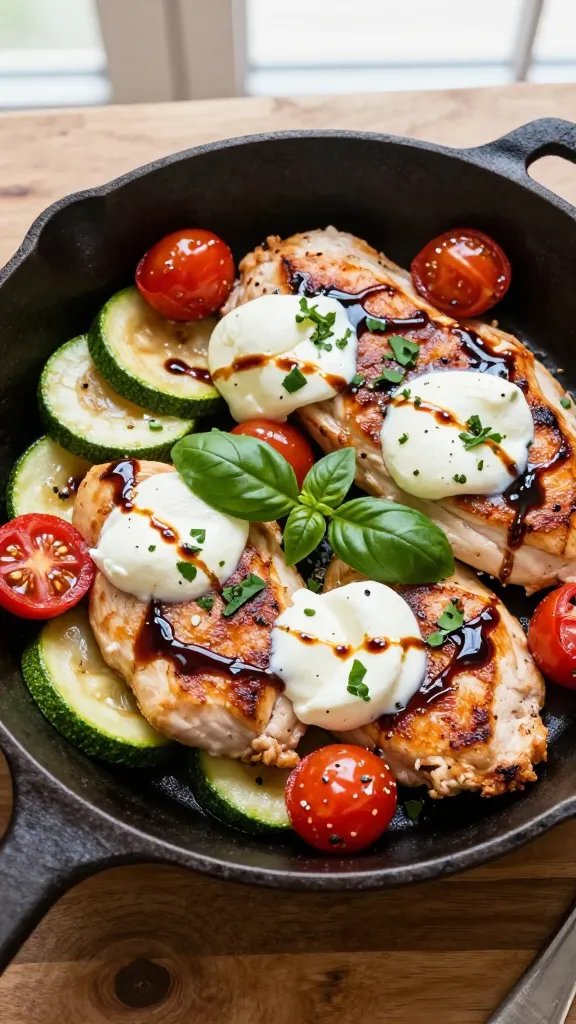 Overhead shot of a rustic cast-iron skillet on a wooden table, filled with golden seared chicken cutlets nestled among sautéed zucchini rounds and halved cherry tomatoes. Pools of melted fresh mozzarella ooze over the chicken, glossy balsamic glaze is drizzled in thin ribbons, and torn fresh basil leaves are scattered on top. Soft natural window light, shallow depth of field, no utensils, no text, vibrant yet true-to-life colors.