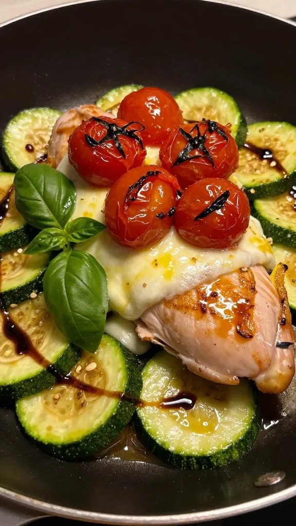 Close-up, three-quarter angle of a single chicken breast in a skillet, topped with a melted mozzarella slice and crowned with a cluster of blistered grape tomatoes. Thin zucchini slices are caramelized around the edges, glistening with olive oil and flecks of garlic. Fresh basil sprigs and a final balsamic reduction swirl add contrast. Warm, cozy lighting, minimal background clutter, high detail on textures (cheese stretch, tomato skin sheen).