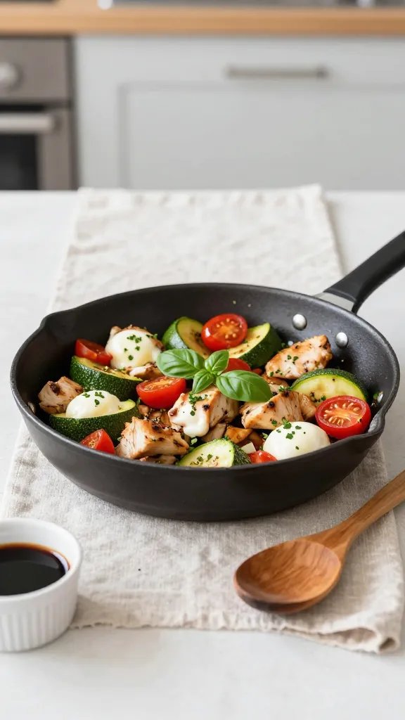 Family-style serving scene: the skillet centered on a light linen runner with a wooden spoon resting beside it. Inside, bite-sized chicken pieces mixed with sautéed zucchini coins and cherry tomato halves, mozzarella partially melted in creamy pockets. Bright green basil chiffonade sprinkled generously and a small ramekin of balsamic glaze nearby hinting at the drizzle. Daylight ambiance, clean modern kitchen background softly blurred, color-pop ingredients, no text.