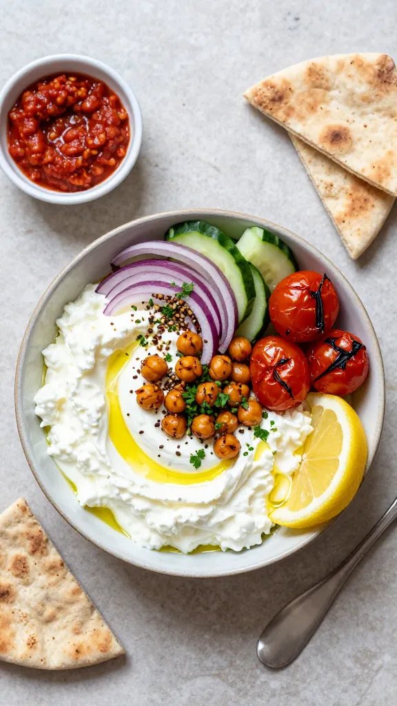 Overhead shot of a vibrant cottage cheese dinner bowl on a matte stone countertop: a generous scoop of creamy cottage cheese swirled with a drizzle of olive oil, topped with spicy roasted chickpeas, blistered cherry tomatoes, ribbons of cucumber, thinly sliced red onion, a sprinkle of za’atar, chopped fresh parsley, and lemon wedges on the side. Include a small dish of harissa and warm whole-grain pita wedges nearby. Natural evening light, crisp, clean styling, no text.