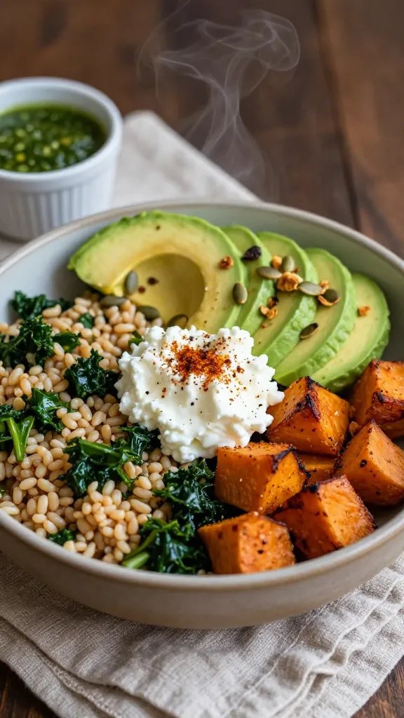 Cozy, rustic scene of a warm grain bowl: fluffy farro mixed with garlicky sautéed kale and roasted sweet potato cubes, crowned with a cool dollop of cottage cheese dusted with smoked paprika and black pepper. Add sliced avocado fan, toasted pumpkin seeds for crunch, and a small ramekin of green herb sauce (chimichurri) to the side. Served in a ceramic bowl with a linen napkin, steam subtly visible, soft side lighting.