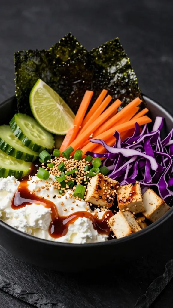 Modern, high-contrast close-up of a spicy fusion bowl: cottage cheese as the base with a glossy gochujang-soy drizzle, seared sesame tofu cubes, quick-pickled cucumbers, shredded purple cabbage, thin carrot matchsticks, scallions, and toasted sesame seeds. Add a wedge of lime and a few sheets of torn roasted seaweed. Black slate background, moody directional light, sharp focus on textures, no text.