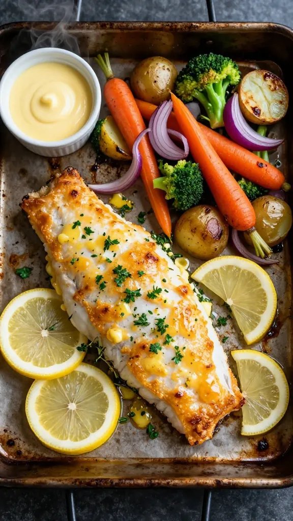 Overhead shot of a rustic sheet pan fresh from the oven: golden, flaky cod fillets glistening with melted lemon-garlic butter, sprinkled with fresh parsley and thyme leaves; thin lemon slices tucked around the fish; roasted veggie medley with caramelized edges—vibrant carrots, broccoli florets, red onion wedges, and halved baby potatoes; a small ramekin of extra butter sauce on the side, steam visible, warm evening kitchen light, no text, high-resolution food photography.