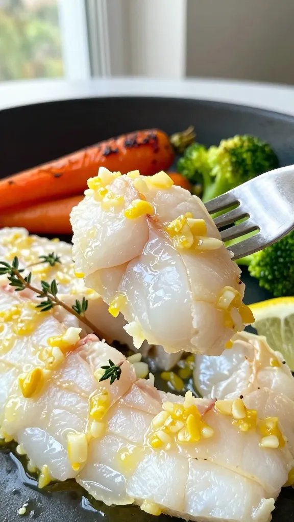 Close-up side angle of a fork gently pulling apart a cod fillet to reveal tender, juicy flakes coated in glossy lemon-garlic butter; micro-zested lemon specks and minced garlic visible; a few thyme sprigs scattered; background softly blurred showing charred-edged roasted carrots and broccoli on the pan; natural daylight from the left, moody yet bright, no text.