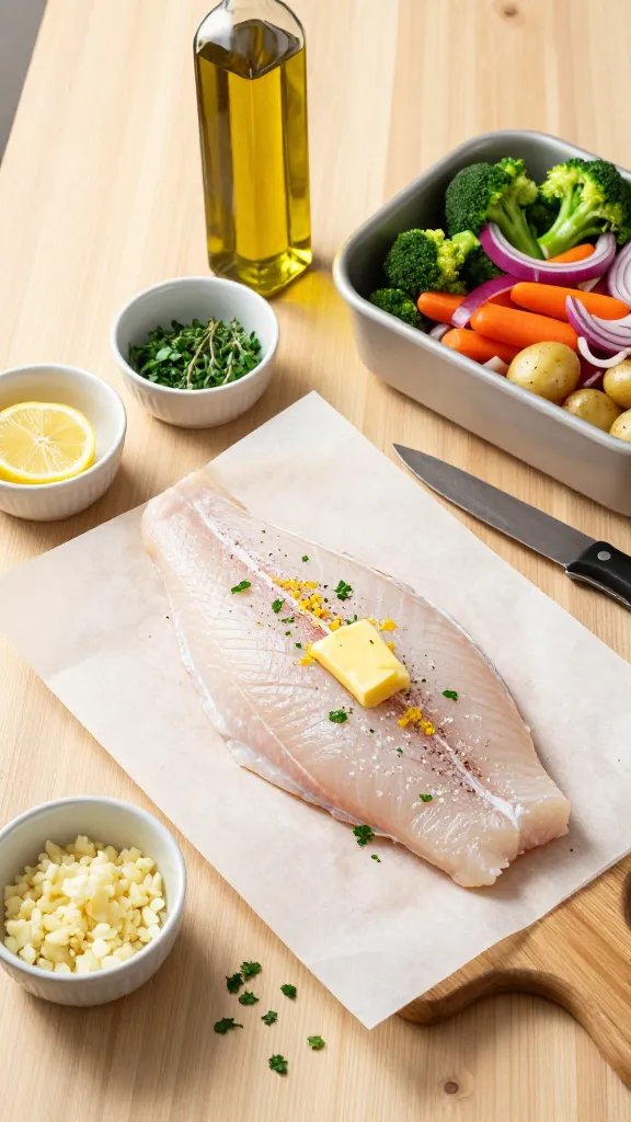 Prep scene on a wooden countertop: raw cod fillets patted dry on parchment, brushed with butter and sprinkled with salt, pepper, lemon zest, and chopped parsley; surrounding bowls with minced garlic, thyme, lemon halves, and mixed chopped veggies (broccoli, carrots, red onion, baby potatoes) ready to roast; a bottle of olive oil and a zester nearby; clean, minimal, inviting composition, no text.