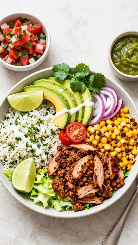 Overhead shot of a vibrant cilantro-lime turkey taco bowl arranged neatly in a wide, shallow ceramic bowl: base of shredded crisp romaine, a generous mound of zesty browned ground turkey with visible chili-cumin speckles, fluffy cilantro-lime rice on the side with chopped cilantro and lime zest, sliced ripe avocado fanned out, charred corn kernels, halved cherry tomatoes, thin red onion slices, and a drizzle of crema. Include lime wedges and a handful of fresh cilantro leaves on top. Place a small bowl of pico de gallo and a ramekin of salsa verde nearby. Natural daylight, clean light stone background, no text.