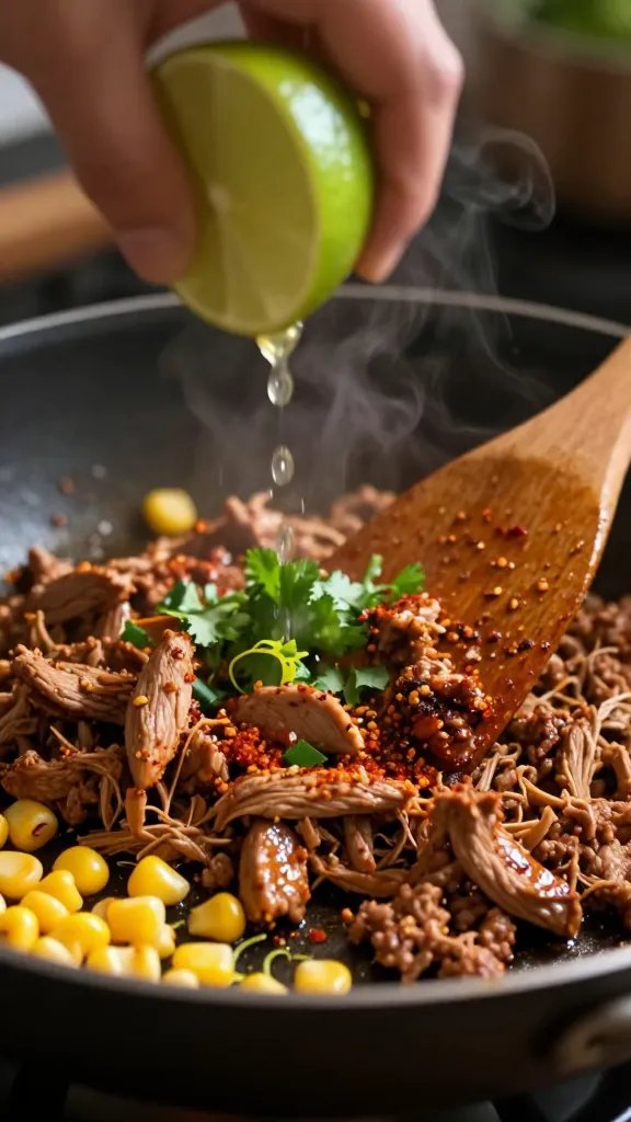 Close-up, dynamic skillet scene of ground turkey just finished cooking: crumbled turkey coated in a glossy spice blend (chili powder, cumin, smoked paprika) with tiny browned bits, steam rising. Stir in chopped cilantro and a squeeze of fresh lime juice mid-action—lime half being pressed, visible droplets. A wooden spatula pushing the turkey aside, a small pile of toasted corn kernels at the edge, and a few scattered lime zest curls. Warm, moody kitchen lighting, shallow depth of field, no text.