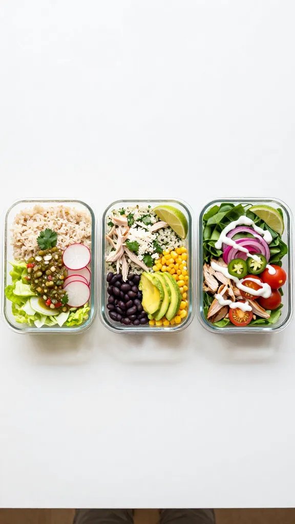 Meal-prep lineup for customizable bowls: three clear glass containers in a row on a white countertop, each with a different combo. Container 1: cauliflower rice, turkey, shredded lettuce, radish slices, salsa verde. Container 2: cilantro-lime rice, turkey, black beans, corn, avocado, cotija crumbles. Container 3: mixed greens, turkey, cherry tomatoes, pickled red onions, jalapeño slices, crema drizzle. Garnish each with fresh cilantro and lime wedges. Minimalist top-down composition, bright natural light, no text.