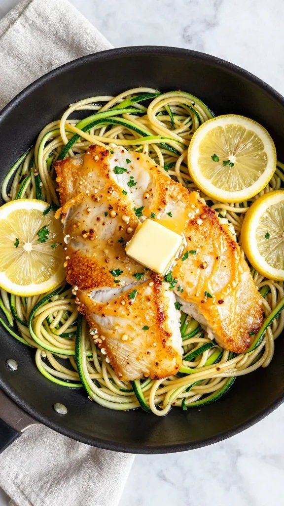Overhead shot of a one-pan garlic butter cod dinner: two golden-seared cod fillets with flaky layers visible, nestled on a bed of glossy zucchini noodles (“zoodles”) tossed in a light garlic butter sauce. Add visible browned garlic bits, a few thin lemon slices and wedges, scattered chopped parsley, and a small knob of melting butter. Use a matte black skillet on a light marble surface with a linen napkin, minimal props, bright natural daylight, high contrast, no text.