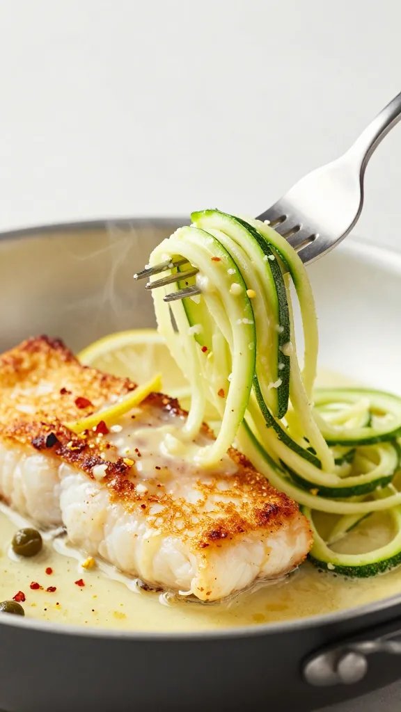 Close-up, 45-degree angle of a fork twirling zucchini noodles coated in silky garlic butter, lifted from the pan, with steam subtly rising. In the background, slightly blurred, show a cod fillet with a crisp, golden exterior, flaky texture breaking at the edge, and a drizzle of pan sauce pooling. Include micro-zest of lemon, a sprinkle of red pepper flakes, and a few capers for pop. Clean, modern styling, warm white balance, shallow depth of field.