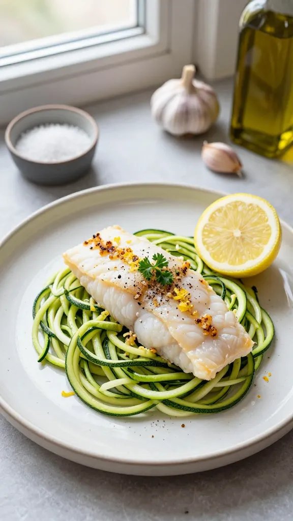 Rustic top-down plating on a ceramic dinner plate: a mound of vibrant green zucchini noodles topped with a moist, opaque-white cod fillet finished with browned butter garlic spooned over. Garnish with fresh parsley, cracked black pepper, a light dusting of lemon zest, and a lemon half off to the side. Surround with simple pantry cues (small bowl of sea salt, garlic cloves, olive oil bottle), soft window light, neutral backdrop, restaurant-style presentation, no text.