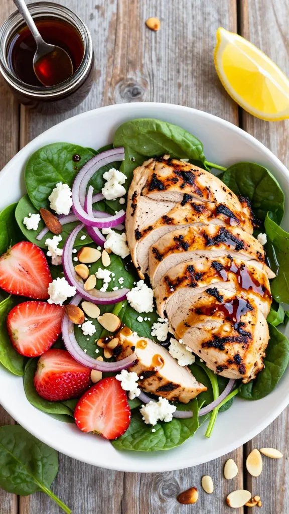 Overhead shot of a vibrant grilled chicken and strawberry spinach salad in a wide, shallow white bowl on a rustic wooden table. Elements arranged naturally: thick slices of charred, juicy grilled chicken breast with visible grill marks; halved ripe strawberries; fresh baby spinach leaves; crumbled creamy goat cheese; toasted sliced almonds; thinly shaved red onion; a light drizzle of glossy honey-balsamic vinaigrette pooling slightly on leaves. Include a small glass jar of balsamic dressing with a spoon, a lemon wedge, and scattered almond slices around the bowl. Bright natural daylight, soft shadows, crisp detail, no text.