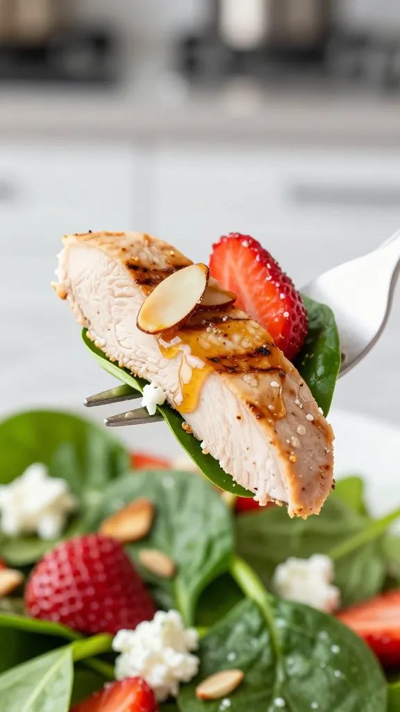 Close-up, side-angle macro of a fork lifting a perfect bite from the salad: a slice of grilled chicken with defined grill marks, a strawberry half, a few spinach leaves, a crumble of goat cheese, and a toasted almond slice clinging with a sheen of honey-balsamic dressing. Background softly blurred with the rest of the salad visible in bokeh. Emphasize textures: juicy chicken, glossy berries, creamy cheese, crunchy nuts, and light vinaigrette glisten. Clean, modern kitchen setting, bright and appetizing color balance, no text.