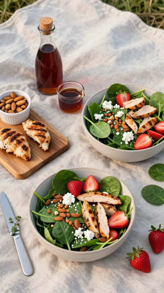 Picnic scene on a light linen cloth outdoors: two individual salad bowls filled with baby spinach, grilled chicken strips, strawberry halves, goat cheese crumbles, and toasted almonds. A small wooden board holds extra grilled chicken and a ramekin of toasted almonds. A corked bottle and small pouring cup of balsamic-honey dressing nearby with droplets on the cloth. Add a serrated knife with herb sprigs, and a few whole strawberries and spinach leaves scattered. Golden late-afternoon natural light, soft shadows, lifestyle composition, fresh and inviting, no text.