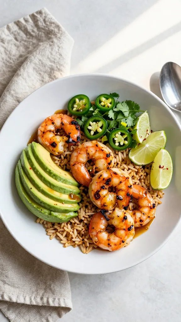 Overhead shot of a vibrant honey-lime shrimp and avocado bowl on a matte white ceramic plate: juicy, lightly charred large shrimp glazed with a glossy honey-lime sauce, nestled over warm jasmine rice with visible steam, half an avocado sliced into fanned segments, thinly sliced jalapeños, chopped fresh cilantro, lime wedges, and a sprinkle of red chili flakes; small drizzle of sauce across shrimp; soft natural window light, shallow shadows, neutral linen napkin and a spoon to the side, minimal rustic kitchen backdrop.