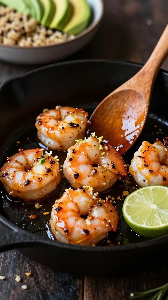 Close-up, three-quarter angle of shrimp sizzling in a black cast-iron skillet: plump shrimp seared with light caramelization, coated in a sticky honey-lime-chili glaze with tiny garlic bits; lime zest speckled on top, a halved lime in the pan edges, a wooden spoon dragging a glossy trail; background blur shows a bowl of cooked quinoa and sliced avocado ready for plating; warm, moody lighting highlighting glaze sheen.