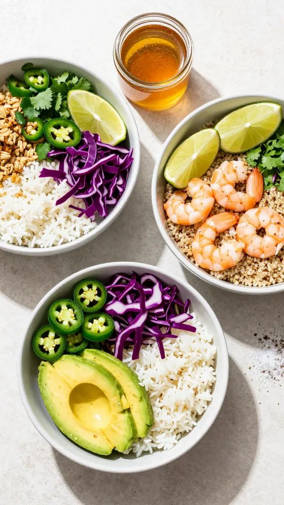 Fresh, colorful meal-prep layout of customizable bowls: two side-by-side bowls, one with fluffy white rice and extra avocado for keto vibes, the other with quinoa and extra shrimp; toppings arranged artfully—sliced jalapeños, chopped cilantro, quick red cabbage slaw, lime wedges; a small glass jar of honey-lime dressing with condensation, a sprinkle of coarse sea salt; bright, clean daylight on a light stone surface, high-contrast, crisp details, no text.