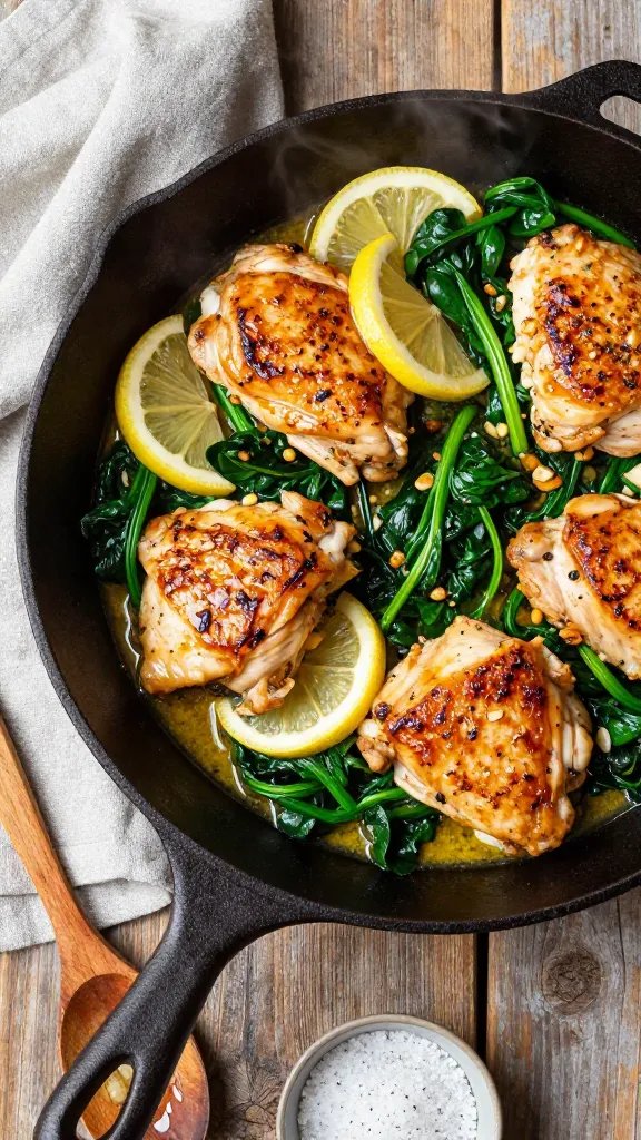 Overhead shot of a black cast-iron skillet on a rustic wooden table, filled with golden seared chicken thighs nestled in a glossy lemon-garlic butter sauce, scattered with thin lemon slices and plenty of sautéed spinach that’s wilted and silky but still vibrant green; visible browned garlic bits and a sprinkle of cracked black pepper; side elements include a folded gray linen, a wooden spoon with sauce drips, and a small bowl of flaky salt; bright, natural daylight from the left for crisp highlights and appetizing steam