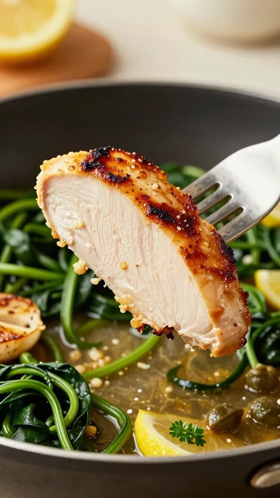 Close-up, 45-degree angle of a fork lifting a juicy slice of chicken breast from the skillet, showing moist interior and crispy, well-browned exterior; the background softly blurred with glistening lemony sauce pooling around tender spinach ribbons and caramelized garlic; a few capers and fresh parsley leaves for pop; warm, homey kitchen vibe with late-afternoon light, shallow depth of field emphasizing texture and sheen, no text