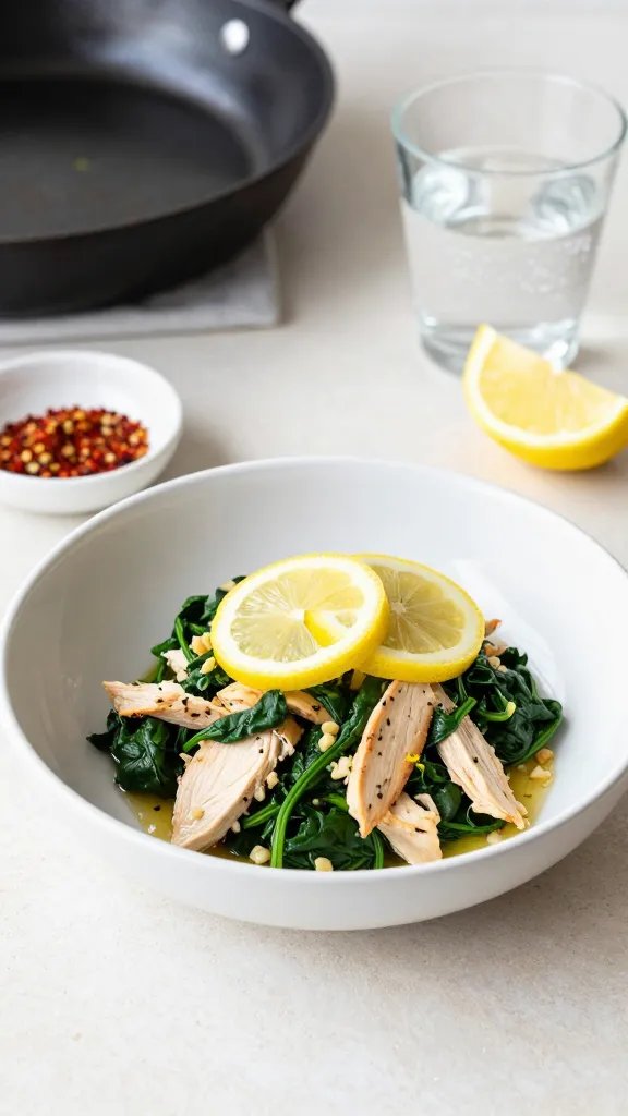 Minimalist weeknight serving scene: a white shallow bowl with a generous scoop of lemon-garlic chicken and silky spinach, saucy spoon-over shine, two thin lemon wheels on top; placed on a light stone surface with the still-sizzling skillet slightly out of focus in the background; a wedge of lemon, a small dish of red pepper flakes, and a glass of sparkling water on the side; clean, bright overhead lighting, natural color rendering, no hands, no text