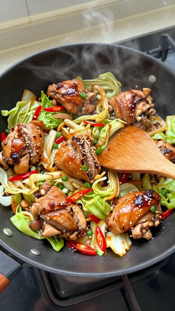 Overhead shot of a sizzling chicken and cabbage stir fry in a large black skillet on a gas stove: glossy sliced chicken thigh pieces, bright green and pale cabbage ribbons, thin red chili slices, and caramelized onions. Visible bits of minced garlic and ginger, a glossy soy-chili sauce clinging to everything, wisping steam. A wooden spatula stirring, scattered sesame seeds, chopped scallions on top. Neutral kitchen background, natural window light, no text.