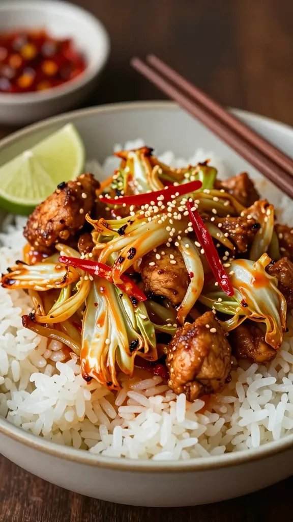 Close-up hero plate of spicy chicken and cabbage stir fry served over fluffy white rice in a shallow ceramic bowl: tender browned chicken, crisp-tender cabbage with lightly charred edges, red chili threads, sesame seeds, and a drizzle sheen from the sauce. Pair of chopsticks resting on the bowl rim, lime wedge and small dish of chili paste blurred in the background. Warm, moody lighting emphasizing texture and shine, shallow depth of field.