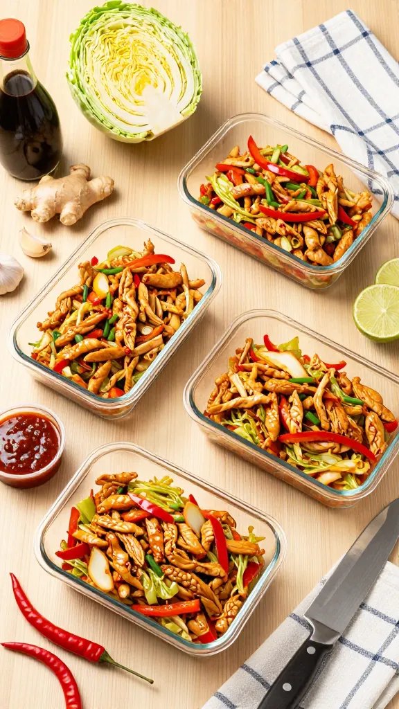 Meal-prep scene on a wooden countertop: three clear rectangular glass containers filled with spicy chicken and cabbage stir fry, each portion glossy and colorful with chicken strips, cabbage, red peppers, and scallions. Small side cups of extra chili paste and lime wedges included. Ingredients scattered artfully around—fresh cabbage half, ginger knob, garlic cloves, soy sauce bottle, red chiles—plus a chef’s knife and a neatly folded kitchen towel. Bright, clean daylight, overhead composition.