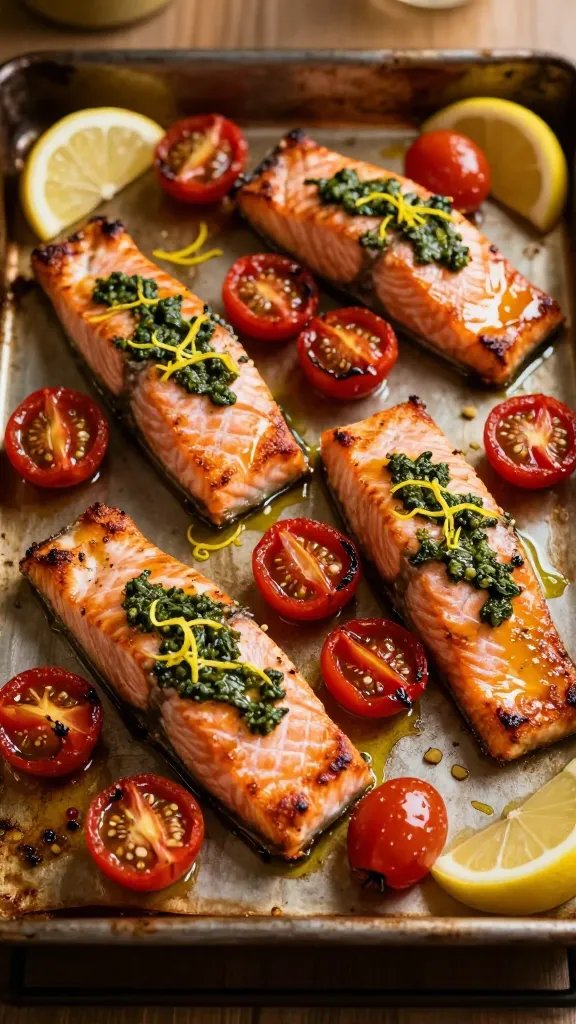 Overhead shot of a rustic sheet pan fresh from the oven holding four seared salmon fillets with crispy edges, each topped with glossy basil pesto, surrounded by blistered, burst cherry tomatoes glistening with olive oil and flecks of minced garlic; thin curls of lemon zest sprinkled over everything with lemon wedges tucked in the corners; warm, golden late-afternoon kitchen light, shallow depth of field, no text, natural color grading.