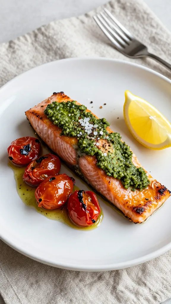Close-up, 3/4 angle of a single plated pesto salmon portion on a matte white ceramic plate: salmon fillet with caramelized edges and vibrant green pesto swirled on top, a spoonful of jammy roasted cherry tomatoes and garlicky pan juices pooling beside it, a sprinkle of flaky sea salt and cracked black pepper, lemon wedge on the side; neutral linen napkin and simple fork in frame; soft, diffused daylight for a cozy weeknight vibe.