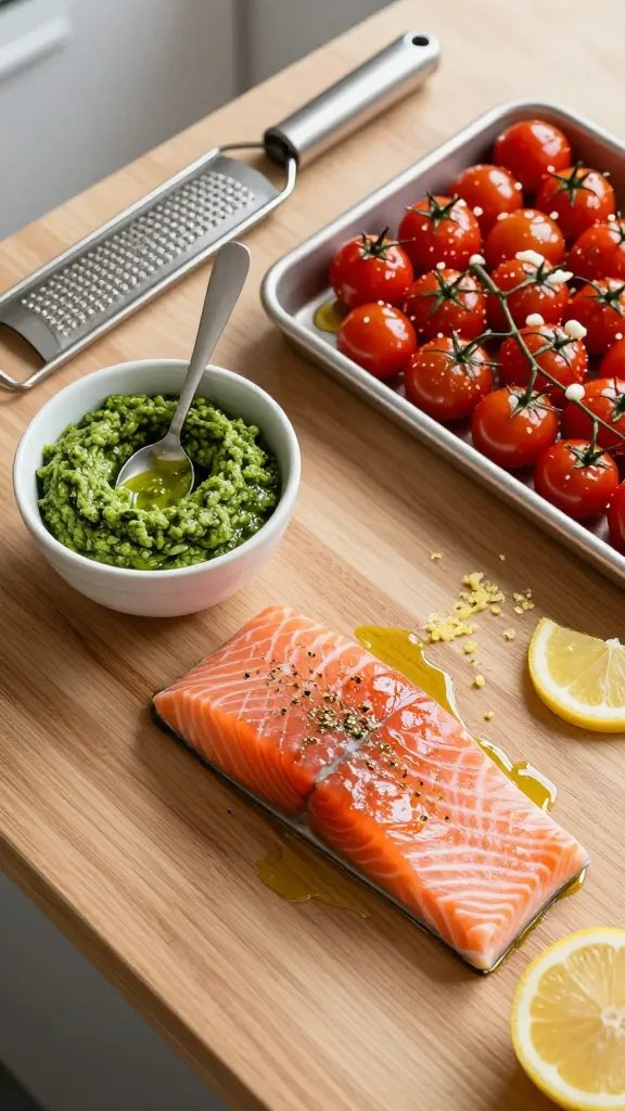 Process scene on a wooden countertop: raw salmon fillets brushed with olive oil and seasoned, a small bowl of thick basil pesto with a spoon, a baking tray piled with glossy cherry tomatoes tossed with garlic and oil, and a microplane with fresh lemon zest scattered around; overhead composition, clean modern kitchen aesthetic, bright natural light, emphasis on color contrast between red tomatoes, green pesto, and pink salmon.