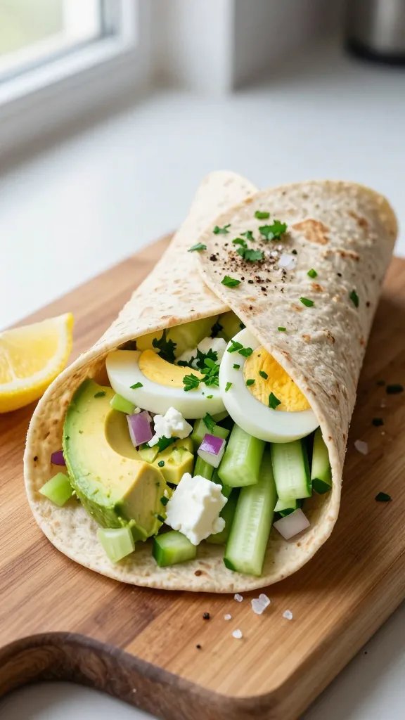 Overhead shot of a freshly assembled avocado egg white salad wrap on a wooden cutting board: whole-grain tortilla spread open, filled with creamy diced avocado, chopped hard-boiled egg whites, finely diced celery and red onion, thin cucumber matchsticks, a sprinkle of chopped parsley and chives, and a squeeze of lemon visible on the side; a small pinch of black pepper and flaky salt on top; bright, natural window light, clean modern kitchen background slightly blurred, no text.