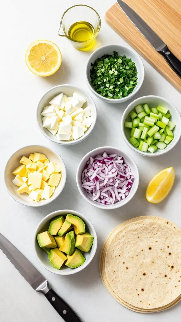 Step-by-step mise en place on a bright countertop: separate small bowls with chopped egg whites, cubed ripe avocado, minced red onion, diced celery, chopped herbs (parsley and chives), lemon wedges, and a drizzle of olive oil in a tiny pourer; a stack of whole-grain tortillas nearby; chef’s knife and cutting board in frame; soft overhead lighting and crisp, vibrant colors, no text.