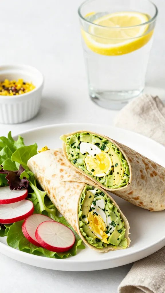 Lifestyle lunch scene: two tightly rolled avocado egg white salad wraps cut on a diagonal, arranged on a white plate with a handful of mixed greens and radish slices; visible creamy-green filling with egg white chunks and herbs; a small ramekin of lemon zest and pepper on the side; glass of sparkling water with lemon in the background, airy midday light, subtle linen napkin, no text.