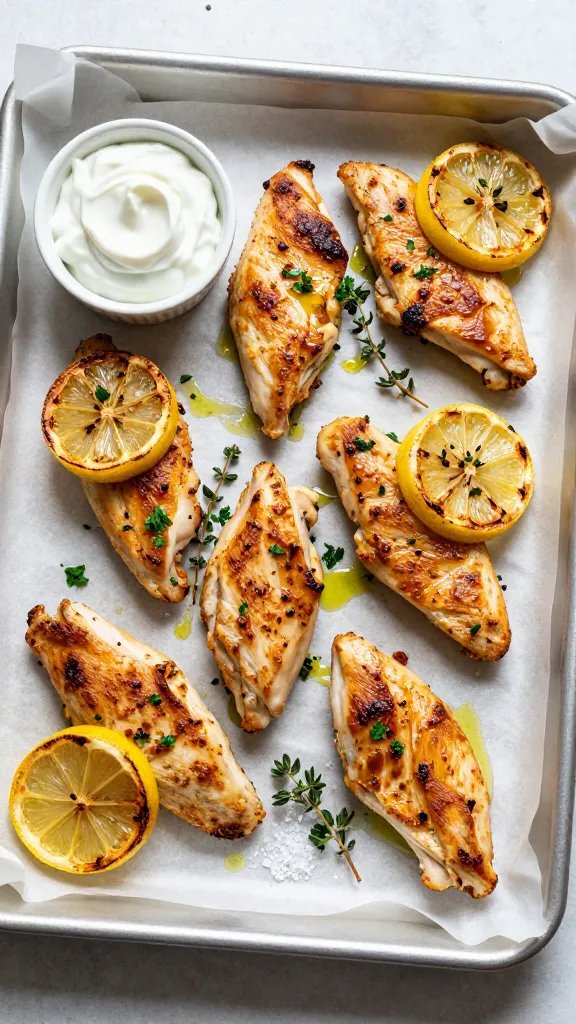 Overhead shot of a parchment-lined sheet pan fresh from the oven with golden-brown baked chicken tenders arranged casually, crisped edges visible, glistening with olive oil. Scattered lemon slices roasted at the edges, fresh herbs (parsley and thyme) sprinkled on top, a small ramekin of creamy yogurt-garlic dip on the side, and a light dusting of flaky salt. Natural window light, bright and clean kitchen aesthetic, soft shadows, no text, high-resolution food photography.