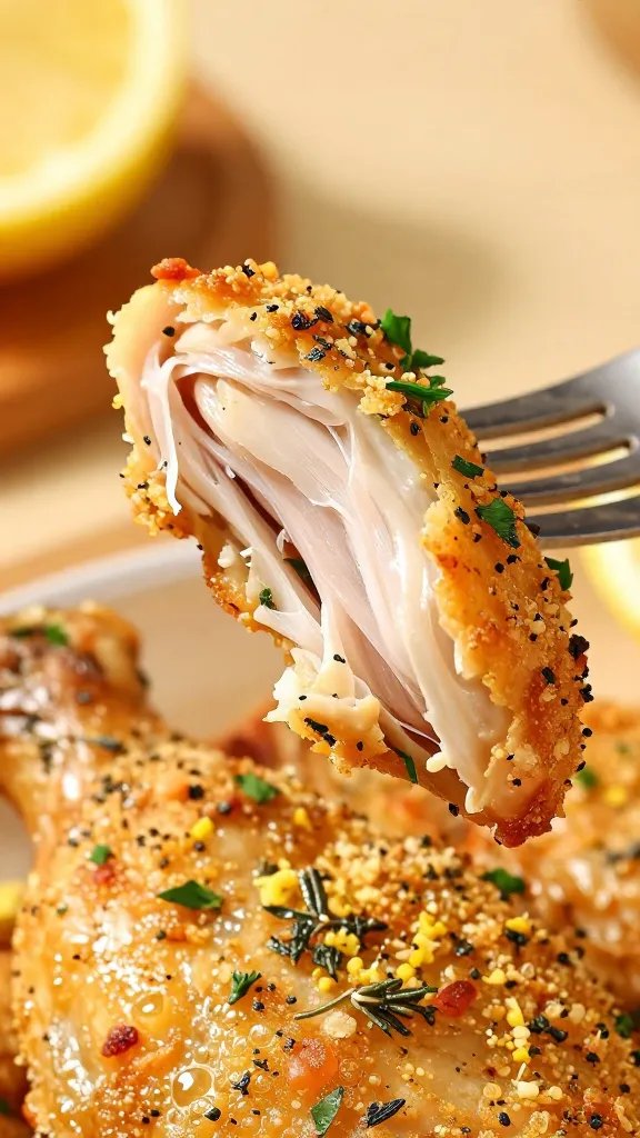 Close-up macro of a single baked chicken tender being pulled apart with a fork to reveal a juicy interior and crispy, herb-flecked crust. Zesty lemon zest specks visible, tiny bubbles of rendered fat on the crust, fine chopped parsley and thyme clinging to the surface, a blurred background with a wooden board and half a lemon. Warm, appetizing tones, shallow depth of field, no text.