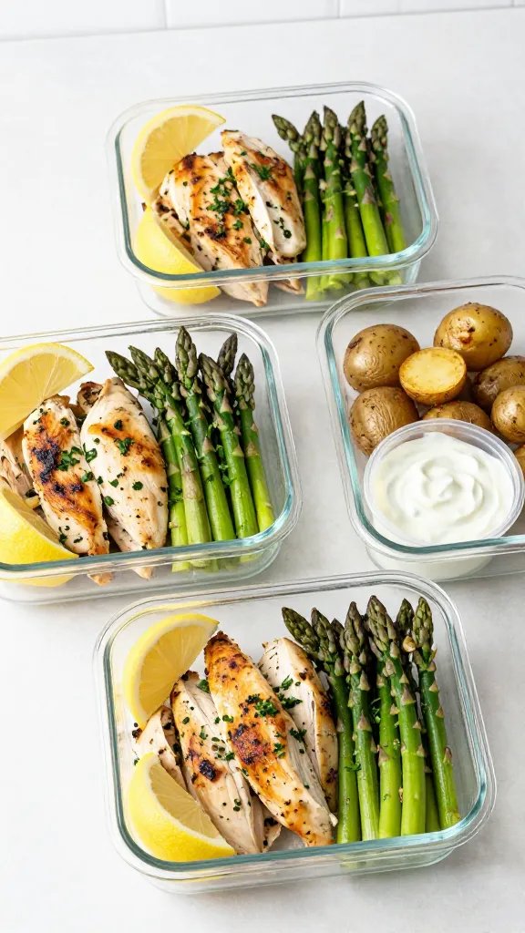 Meal-prep scene: three clear glass containers neatly filled with baked lemon herb chicken tenders, a side of roasted baby potatoes and bright green steamed asparagus. Lemon wedges tucked into each container, extra chopped herbs sprinkled over everything, a small container of lemony yogurt sauce included. Overhead, bright natural light, minimalist countertop, tidy and inviting, no text.
