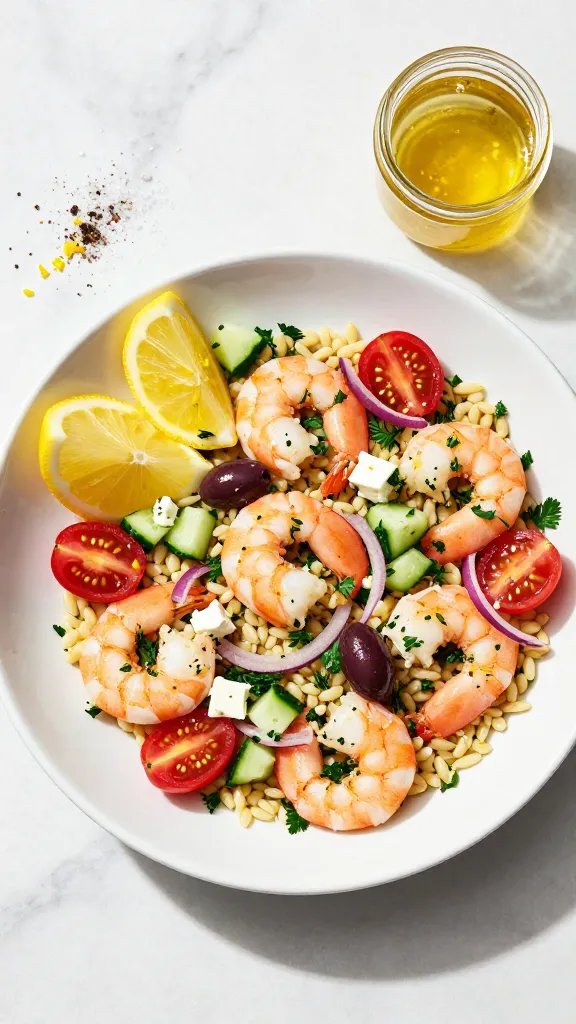Overhead shot of a bright Mediterranean shrimp and orzo salad arranged in a wide, shallow white bowl on a sunlit marble surface. Plump pink shrimp, al dente orzo, halved cherry tomatoes, diced English cucumber, thinly sliced red onion, Kalamata olives, chopped fresh parsley and dill, and crumbled feta are tossed with a glistening lemon-oregano vinaigrette. Lemon zest and wedges on the side, a small glass jar of vinaigrette, and a scattering of sea salt and cracked pepper. Fresh, airy, beachy vibe with natural light and soft shadows.