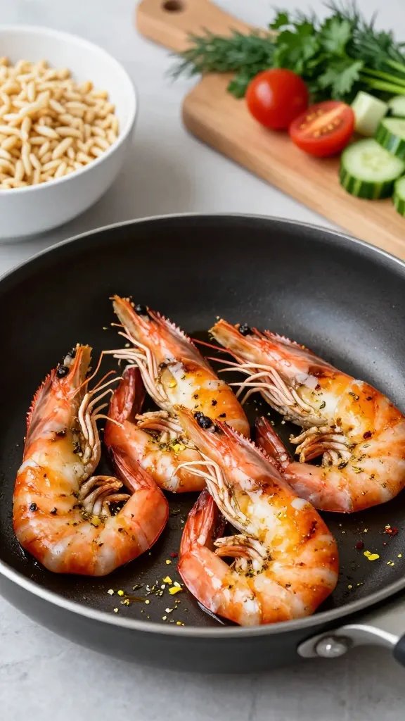 Close-up, three-quarter view of shrimp searing in a skillet: large shrimp just turning opaque with light caramelization, sprinkled with dried oregano, lemon zest, and a pinch of red pepper flakes. In the background, slightly out of focus, a bowl of cooked orzo, a cutting board with halved cherry tomatoes and diced cucumber, and fresh herbs (parsley and dill). Clean, modern kitchen setting, neutral tones, high contrast and vivid color on the shrimp.