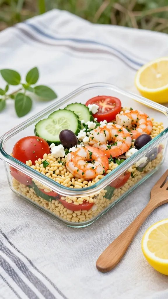 Picnic-style scene: a clear glass meal-prep container filled with Mediterranean shrimp and orzo salad, showcasing layers—golden orzo, bright tomatoes, crisp cucumber, olives, feta crumbles, herbs, and juicy shrimp—lightly coated in a lemony sheen. Set on a striped linen towel with a wooden fork, sliced lemons, and a sprig of oregano nearby. Soft outdoor daylight, fresh and breezy mood, no text, minimal props, focus on color and texture.