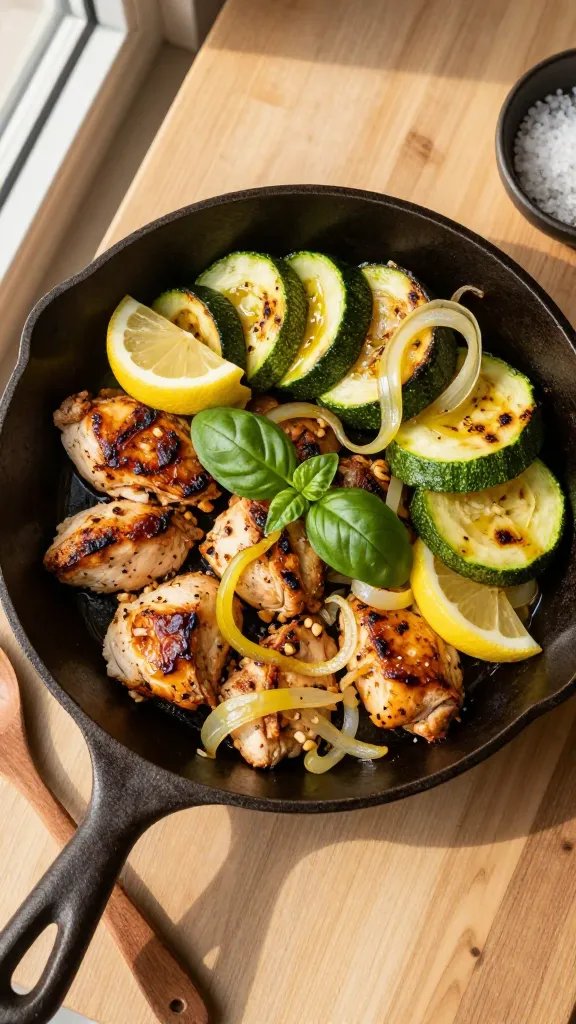 Overhead shot of a rustic cast-iron skillet on a light wooden table at golden hour. Inside: bite-size seared chicken pieces with caramelized edges, tender-crisp half-moon slices of zucchini with slight char, thin ribbons of fresh basil scattered generously, glossy lemon slices tucked between chicken, and a glisten of olive oil. Include thinly sliced sautéed yellow onion and visible bits of minced garlic. Natural window light from the left, soft shadows, no text, no hands, minimal props (a wooden spoon and a small bowl of flaky salt off to the side).
