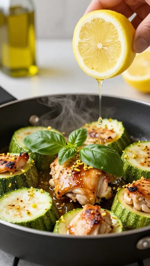 Close-up, 45-degree angle of a serving bowl being filled from the skillet: juicy browned chicken and vibrant green zucchini half-moons, steam gently rising. Bright lemon zest sprinkled over, a squeeze of fresh lemon caught mid-drip, basil chiffonade cascading on top. Background softly blurred kitchen counter with a bottle of olive oil and a halved lemon. High contrast, crisp detail on textures—sear marks, onion translucence, garlic bits.