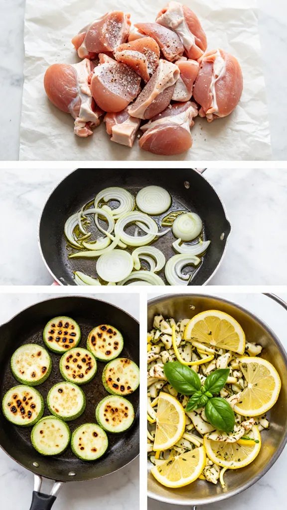 Process-style overhead collage on a marble surface: four elements arranged neatly—(a) diced raw chicken seasoned with salt and pepper on parchment, (b) a warm skillet with olive oil shimmering and sliced onions just turning translucent, (c) zucchini half-moons lightly charred in the pan, (d) the final combined dish with lemon wedges and fresh basil scattered. Consistent natural lighting, clean composition, no labels or text, subtle crumbs and herb leaves for realism.