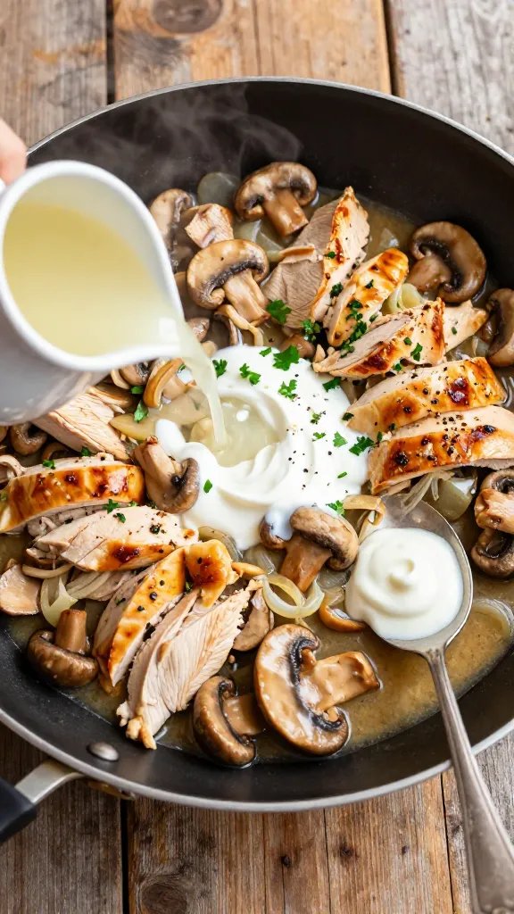 Overhead shot of a steaming skillet on a rustic wood table: tender thin-sliced chicken pieces and golden-browned cremini and button mushrooms simmering in a silky, light tan sauce. Visible sautéed onions, a spoonful swirl of Greek yogurt just melting in, a splash of chicken broth being poured from a small pitcher, and a dab of Dijon on a spoon to the side. Garnish with chopped parsley and fresh-cracked pepper. Warm late-afternoon natural light, shallow depth of field, no text.