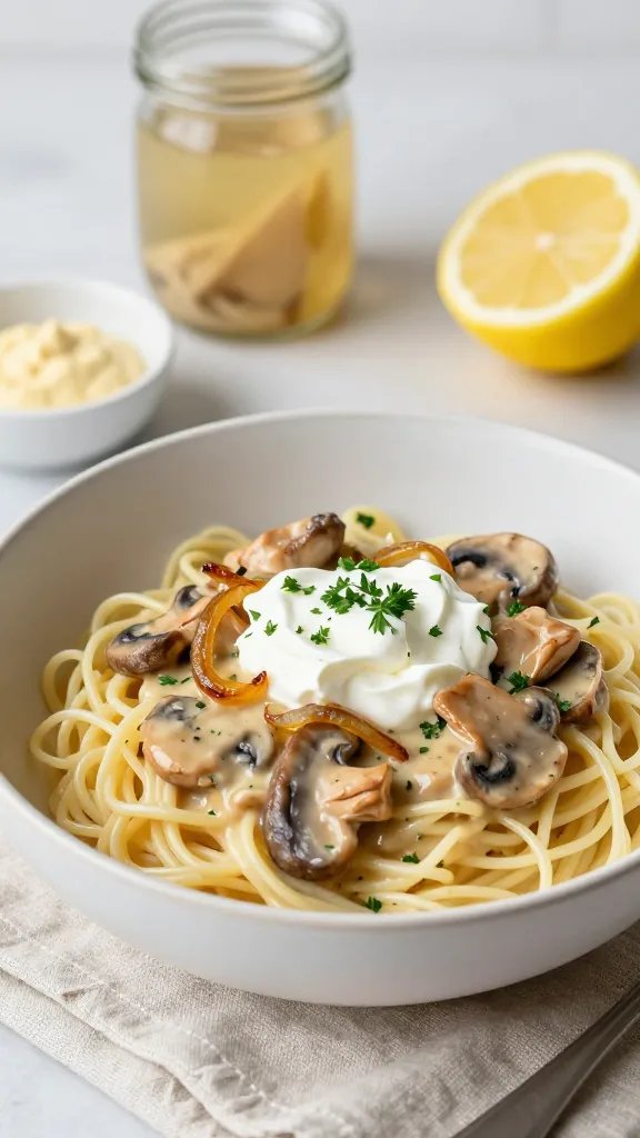 Plated light stroganoff bowl: wide, shallow ceramic bowl with egg noodles topped with saucy chicken and mushrooms in a glossy, lighter cream sauce. A dollop of Greek yogurt folded through, ribbons of caramelized onion, and flecks of parsley. Side elements include half a lemon, a small dish of Dijon, and a jar of chicken broth in the background. Clean, modern kitchen vibe, soft neutral linens, bright but cozy lighting, no text.