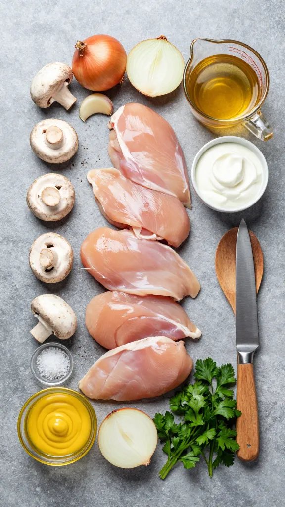 Ingredient flat lay on a cool gray stone surface: neatly arranged raw thin-sliced chicken breast, whole and sliced mushrooms, halved yellow onion, garlic cloves, small bowl of Greek yogurt, Dijon mustard, chicken broth in a glass measuring cup, paprika, black pepper, salt, olive oil, and fresh parsley. Include a chef’s knife and wooden spoon. Balanced composition, soft top-down daylight, natural colors, no text.