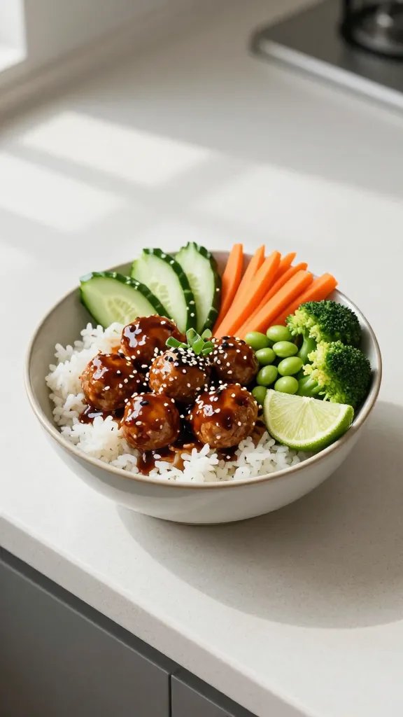 Overhead shot of a modern, minimal kitchen countertop with a finished teriyaki turkey meatball bowl: glossy, bite-sized turkey meatballs glazed in dark, lacquered teriyaki sauce, served over fluffy white rice in a wide ceramic bowl. Surround with crisp, colorful veggies arranged in sections—thin-sliced cucumber, shaved carrots, steamed broccoli florets, and edamame. Garnish with black and white sesame seeds, sliced scallions, and a lime wedge. Soft natural window light, shallow shadows, clean neutral background, no text.